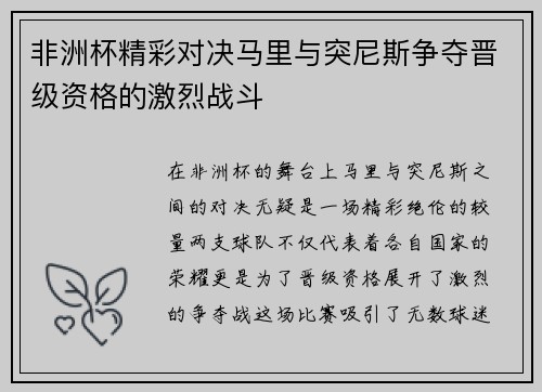 非洲杯精彩对决马里与突尼斯争夺晋级资格的激烈战斗
