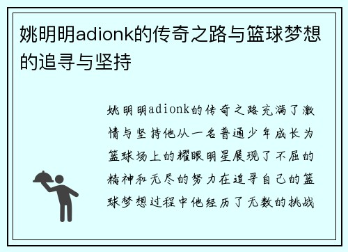 姚明明adionk的传奇之路与篮球梦想的追寻与坚持
